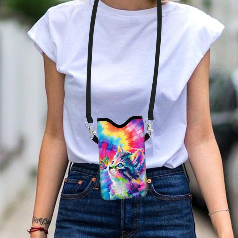 otilil Neoprene Cell Phone Sleeve Pouch Case Bag with Crossbody Strap Neck Lanyard for Women 7.1 X 3.9 in Tie Dye Cat - Image 5